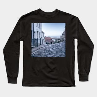 Whitby town cobbled streets and seaview Long Sleeve T-Shirt